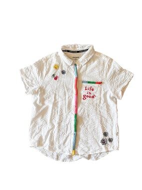 Life Is Good Cotton Blend Seersucker Embroidered Button Down Top